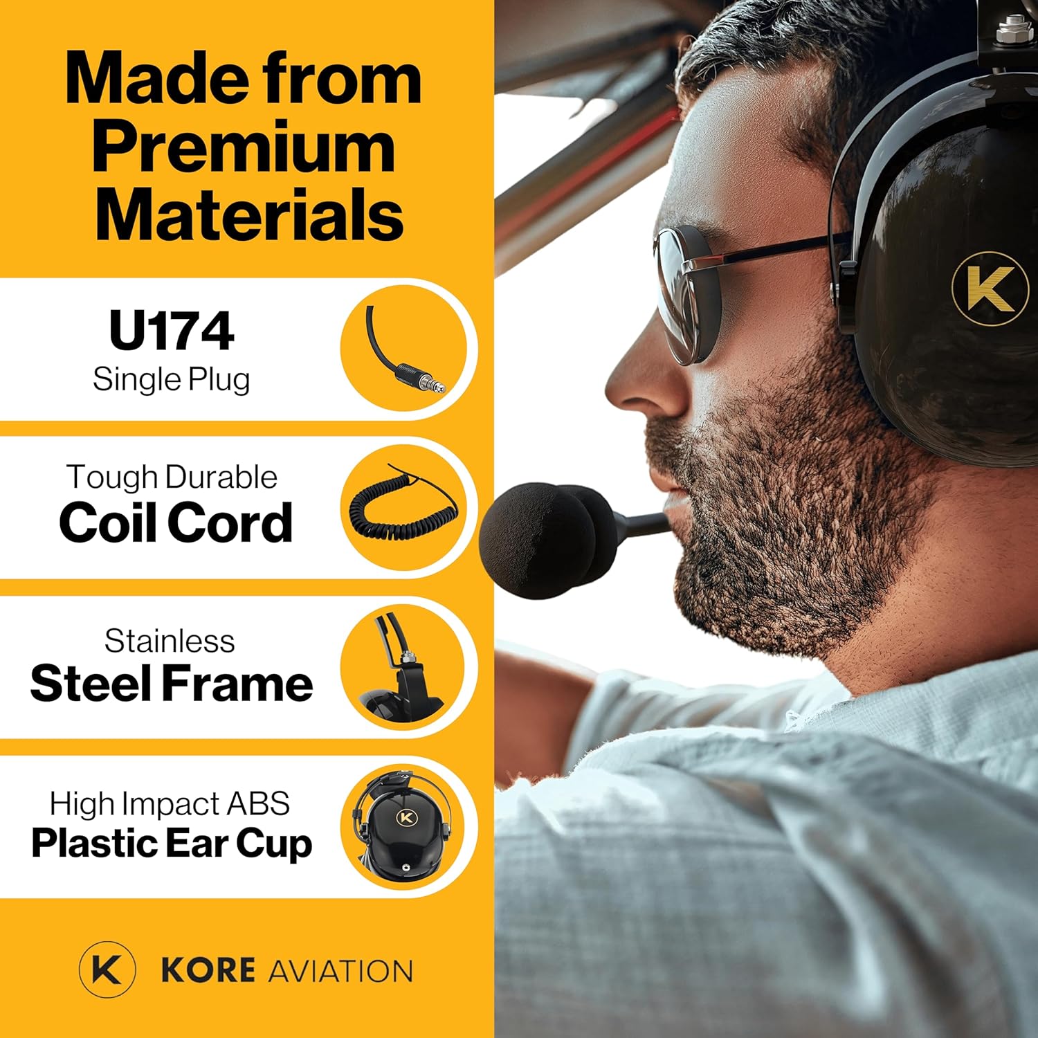 KORE H1 Helicopter Pilot Headset (Mono) with Headset Bag - U-174 Plugs (10 Units per Box)