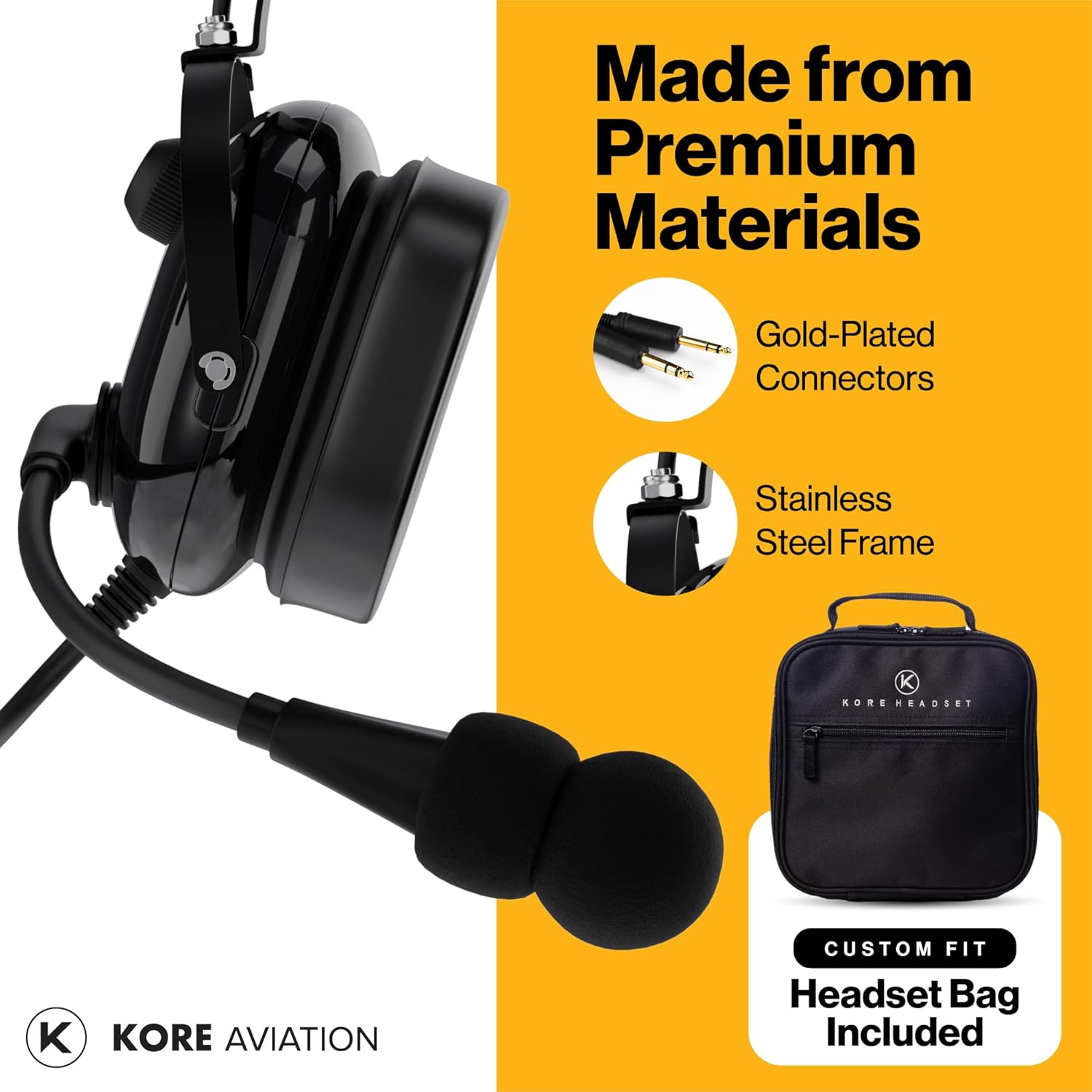 KORE KA-1 General Aviation Headset (Mono & Stereo) with Headset Bag - Dual GA Plugs (10 Units per Box)